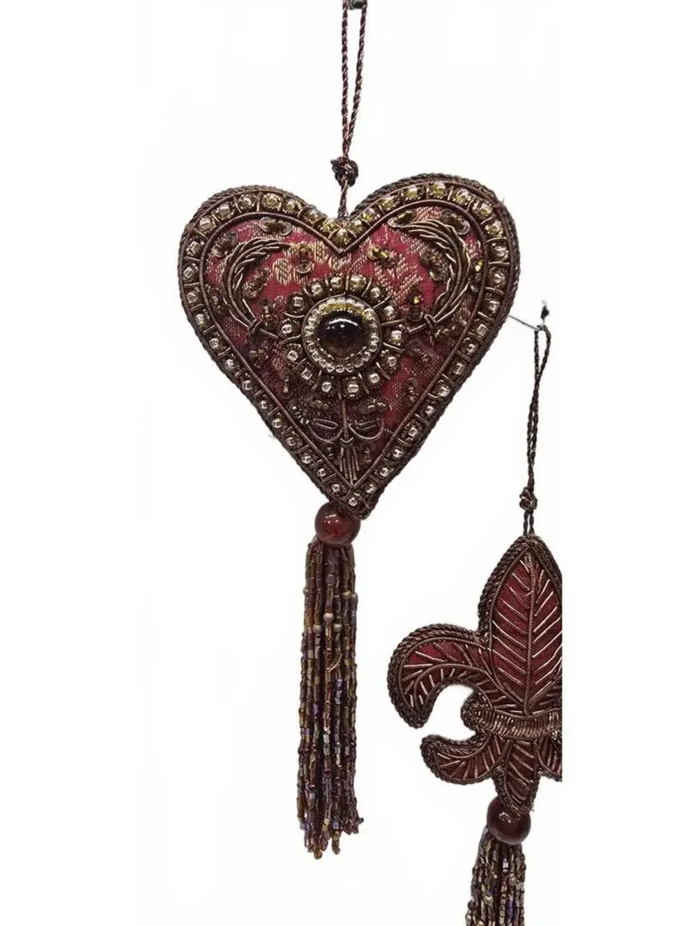 Set of 4 Vintage Style Burgundy Fabric Tassel Ornaments with Heart and Fleur-de-